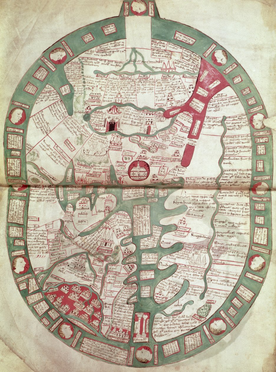 Weltkarte mit Jerusalem als Zentrum, Polychronicon, um 1380 von Ranulf Higden