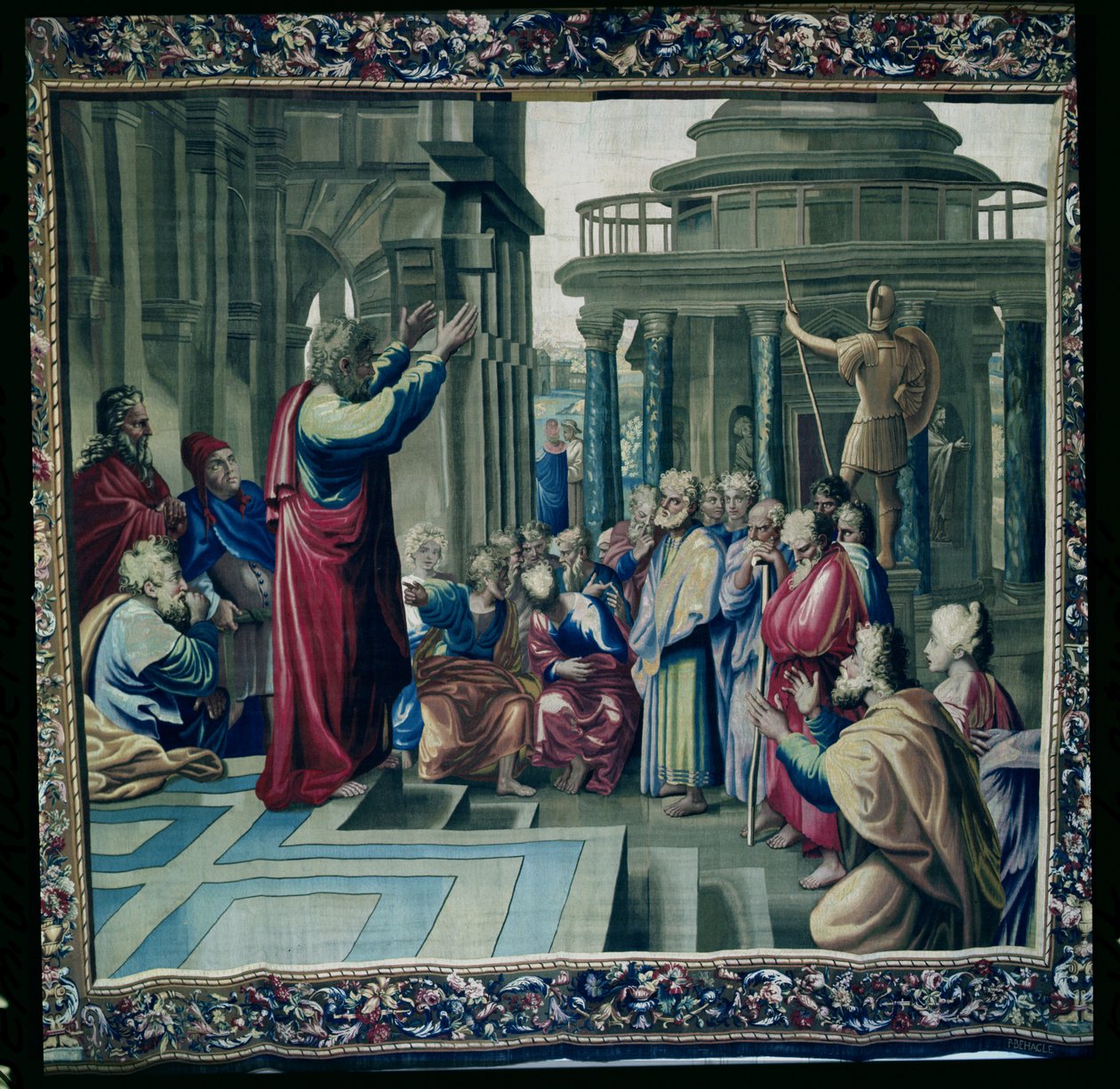St. Paul predigt auf dem Areopag, aus einer Serie, die die Apostelgeschichte darstellt, gewebt in der Beauvais-Werkstatt unter der Leitung von Philippe Behagle von Raffaello Sanzio Raphael