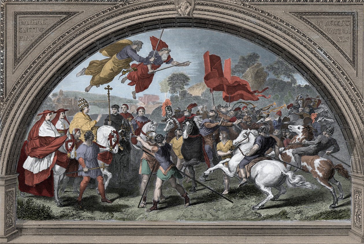 Darstellung von Papst Leo I. genannt der Große (390-461) gegen den Anführer der Hunnen Attila (ca. 395-453) im Jahr 452 in Mantua - Barbarische Invasionen - (Papst Leo I. der Große trifft den Hunnenkönig Attila im Jahr 452) (nach Raphael) von after Raphael