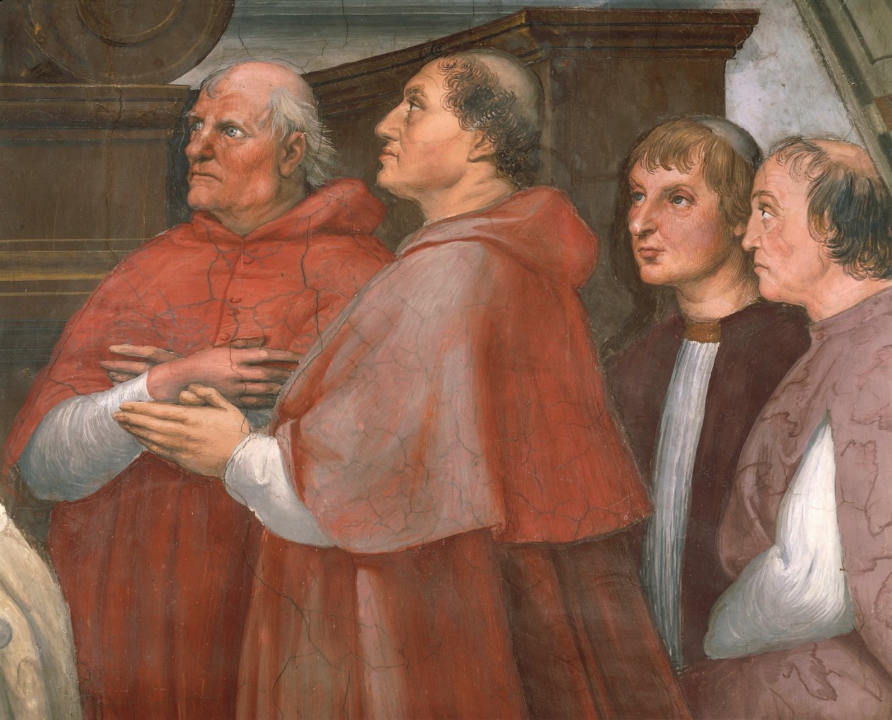 Kardinal Raffaele Riario mit Zuschauern, Detail der Messe in Bolsena von Raphael (1483 1520)