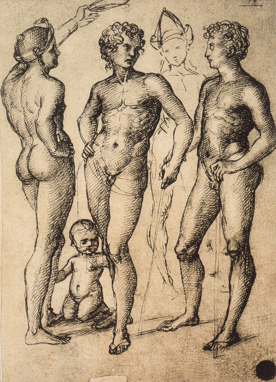Studie von vier männlichen Figuren und einem Baby; Zeichnung von Raphael. Gallerie dell