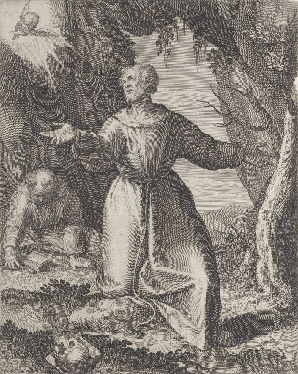 Der heilige Franziskus kniet mit ausgestreckten Armen und blickt auf einen Cherub oben links, 1599 von Raphael Sadeler
