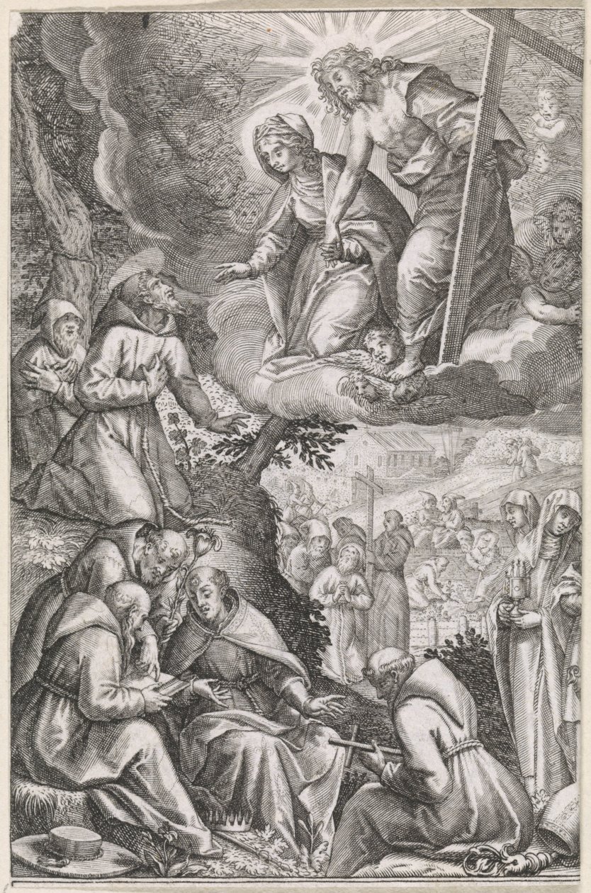Christus und die Jungfrau Maria erscheinen dem Heiligen Franziskus und seinem Orden von Raphaël Sadeler (I)