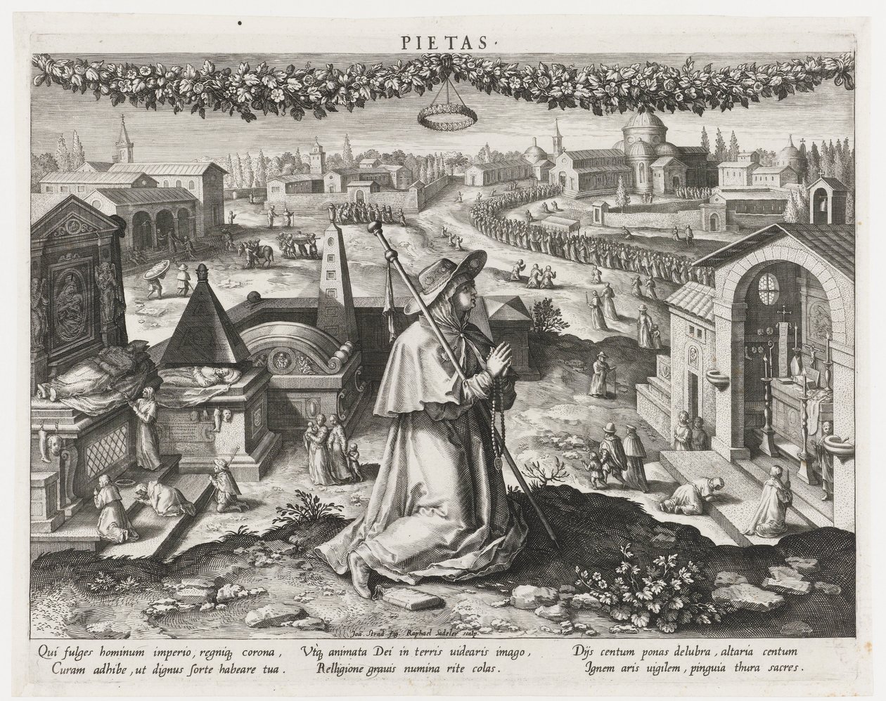 Pietas als Personifikation der Frömmigkeit (Belangrijkste bezigheden van een prins) (Schema, seu speculum principum) von Raphaël Sadeler (I)