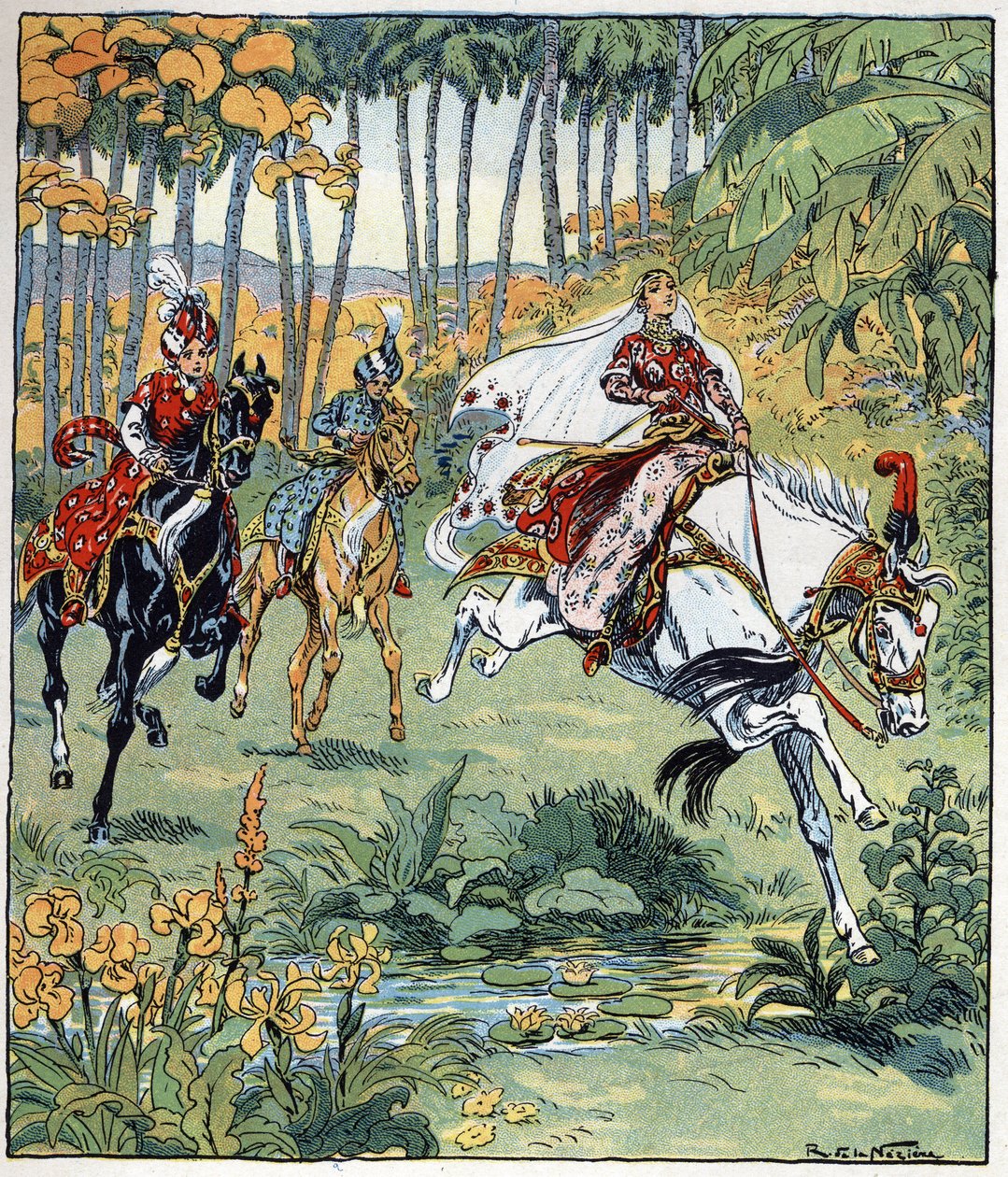 Parizade überholt seine Brüder Bahman und Pervis im Pferderennen. Illustration von Raymond de La Neziere für die Geschichte 