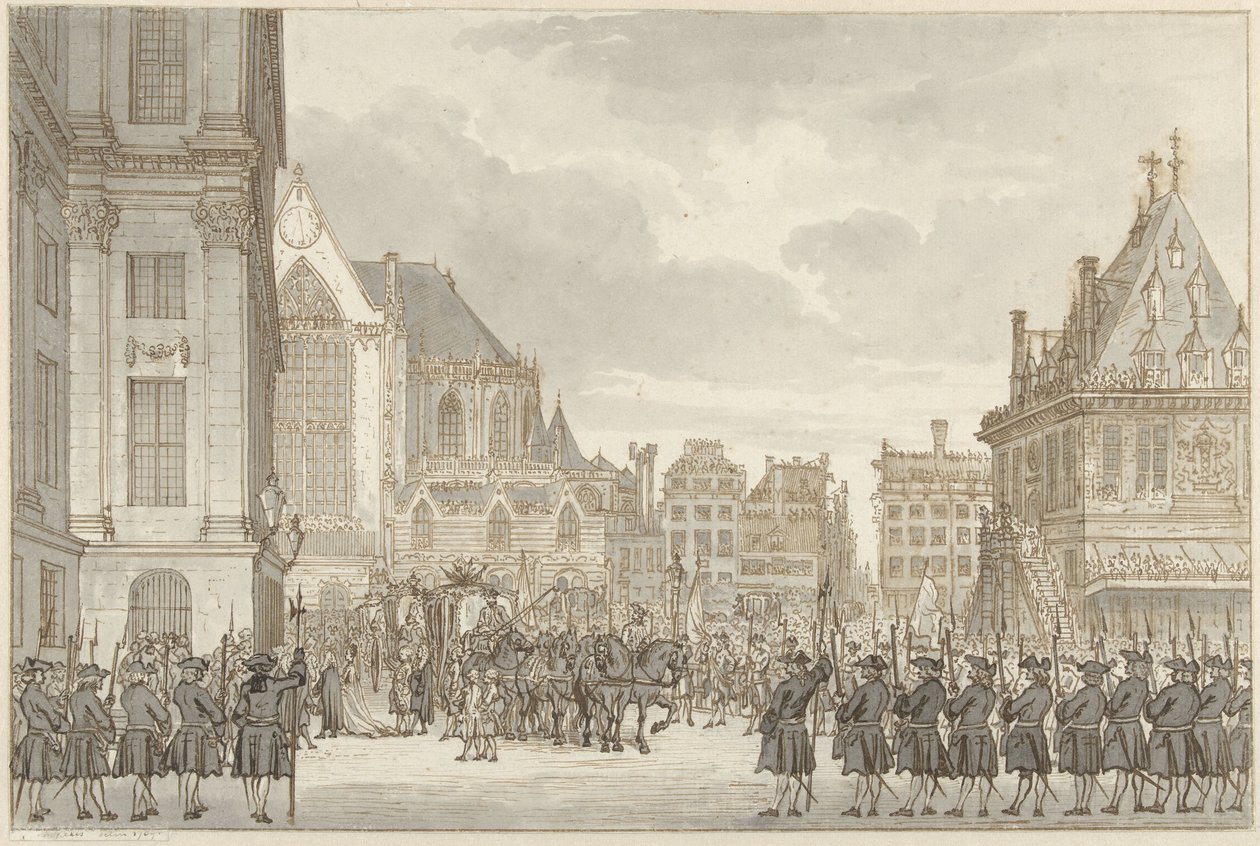 Ankunft von Prinz Wilhelm V. und Frederica Sophia Wilhelmina von Preußen beim Rathaus auf dem Dam in Amsterdam, 30. Mai 1768 von Reinier Vinkeles (I)