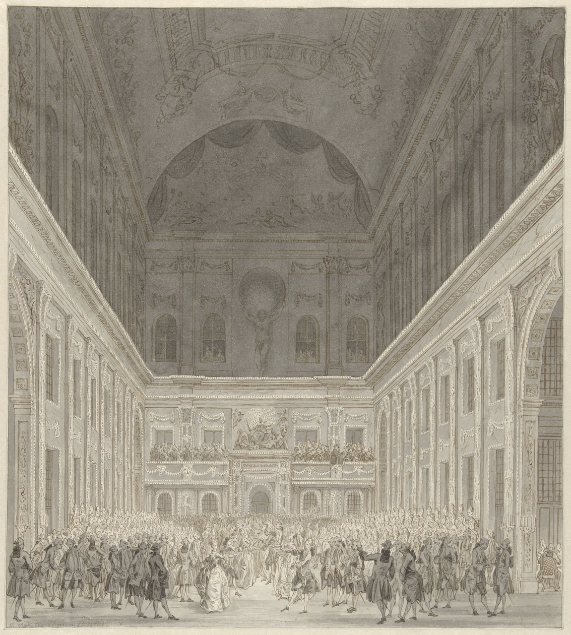 Ball im Bürgersaal des Rathauses von Amsterdam zu Ehren des Besuchs von Prinz Wilhelm V. und Wilhelmina von Preußen, Juni 1768 von Reinier Vinkeles (I)