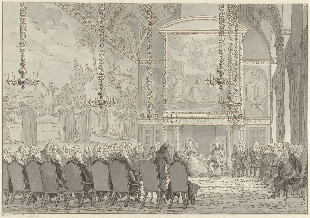 Empfang von Prinz Wilhelm V und Wilhelmina von Preußen im Ratssaal des Rathauses von Amsterdam von Reinier Vinkeles (I)