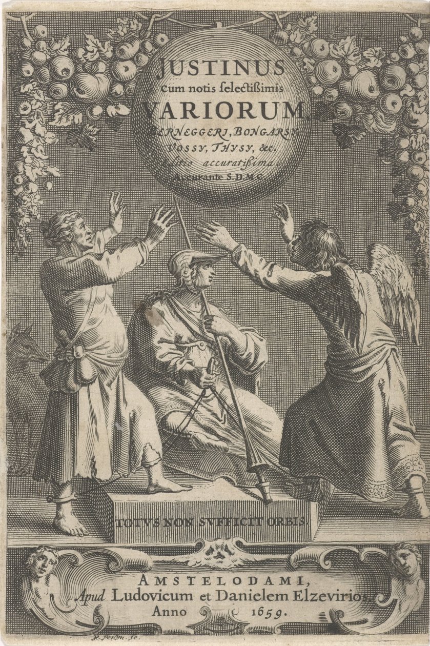 Minerva und zwei gefesselte Figuren Titelblatt für: A. Thysius, Justinus cum notis selectissimis variorum Berneggerj, Bongarsy, Vossy, Thysy, &c, 1659 von Reinier van Persijn