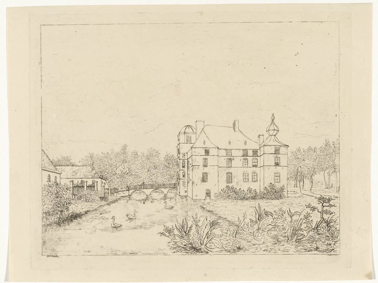 Seitenansicht von Schloss de Cannenburch mit Häusern bei der Zugangsbrücke von Reinierus Albertus Ludovicus baron van Isendoorn à Blois