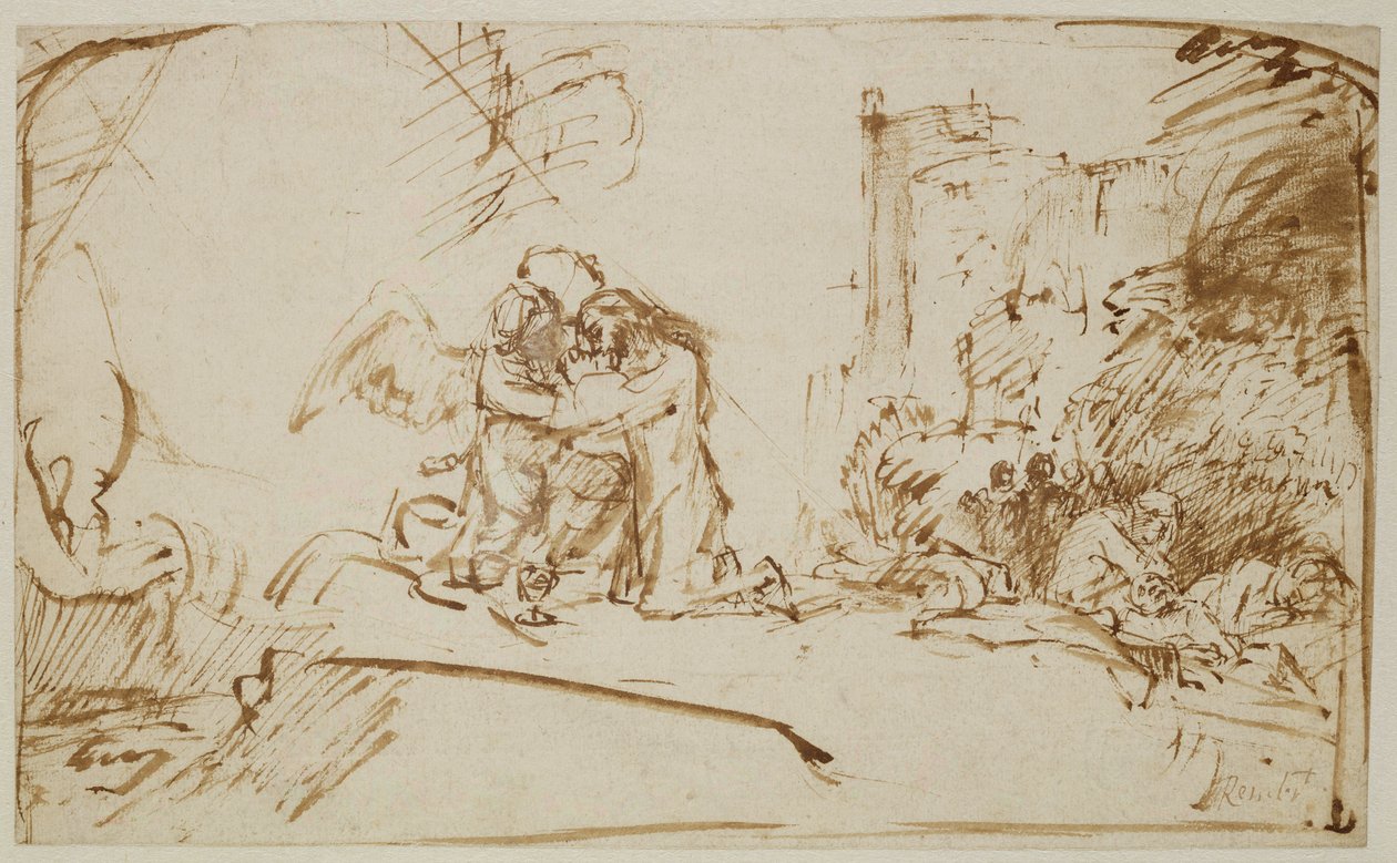 Christus am Ölberg (Feder, Pinsel und braune Tinte auf Papier) von Rembrandt van Rijn