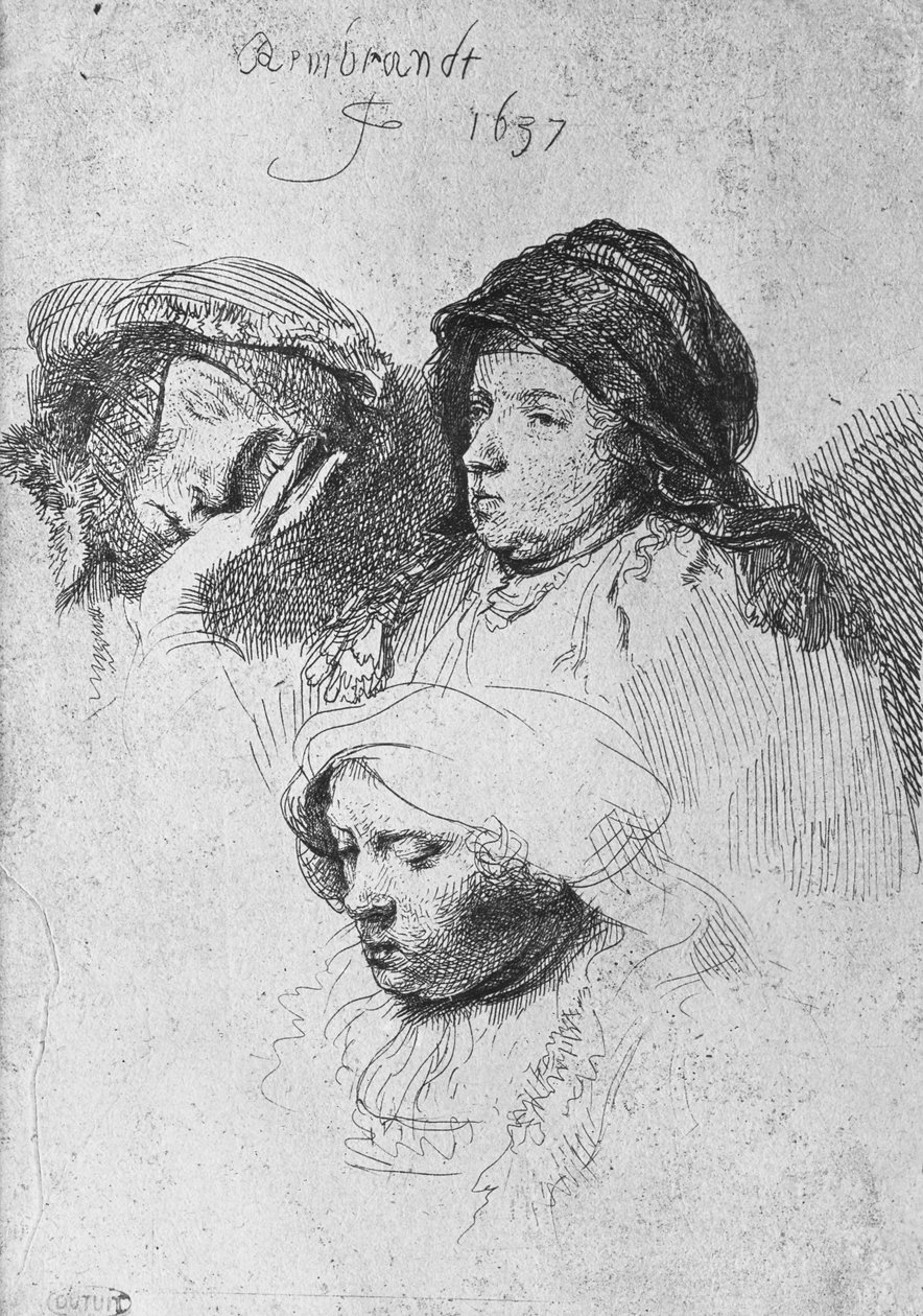 Drei weibliche Köpfe, einer schlafend, 1637 von Rembrandt van Rijn