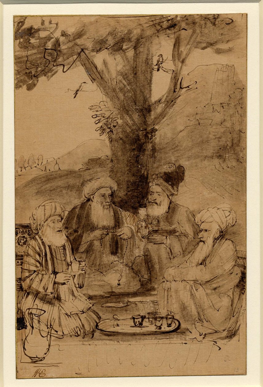 Vier Mullahs unter einem Baum sitzend von Rembrandt