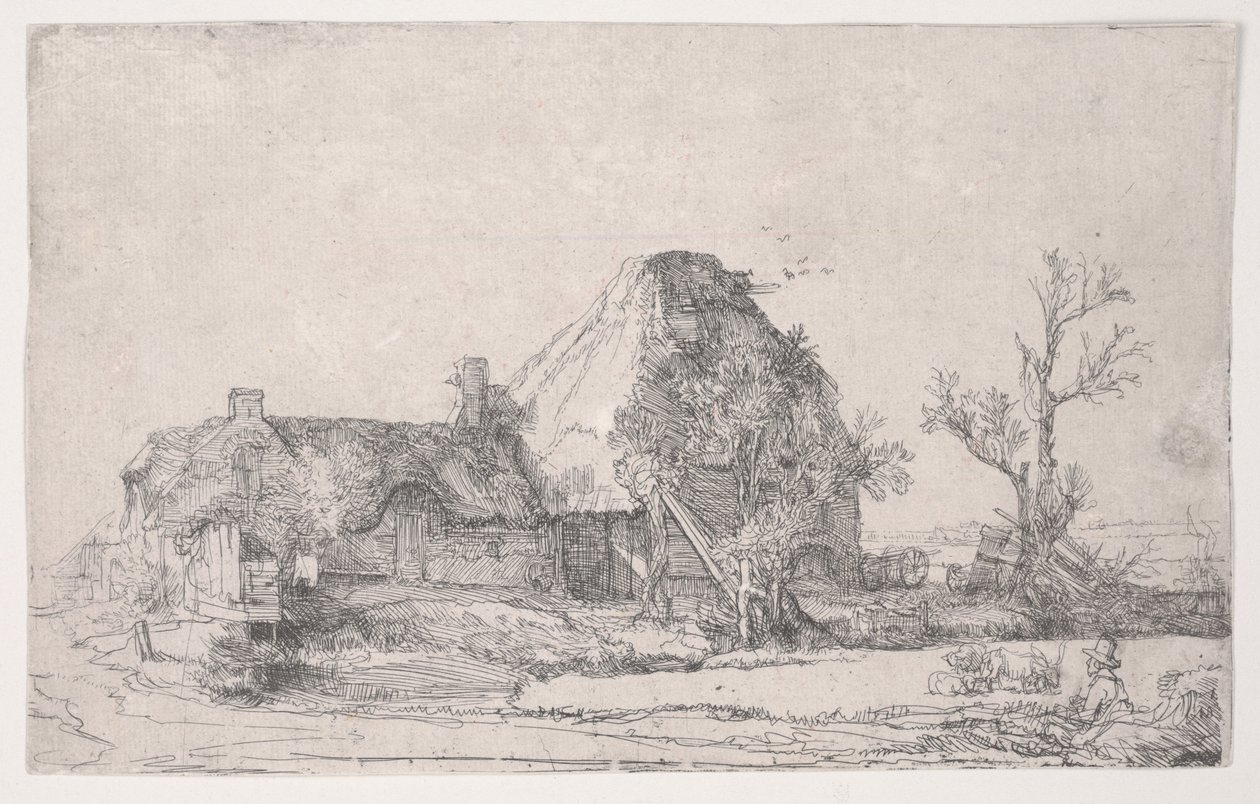 Hütte und Bauerngebäude mit einem Mann beim Skizzieren von Rembrandt van Rijn