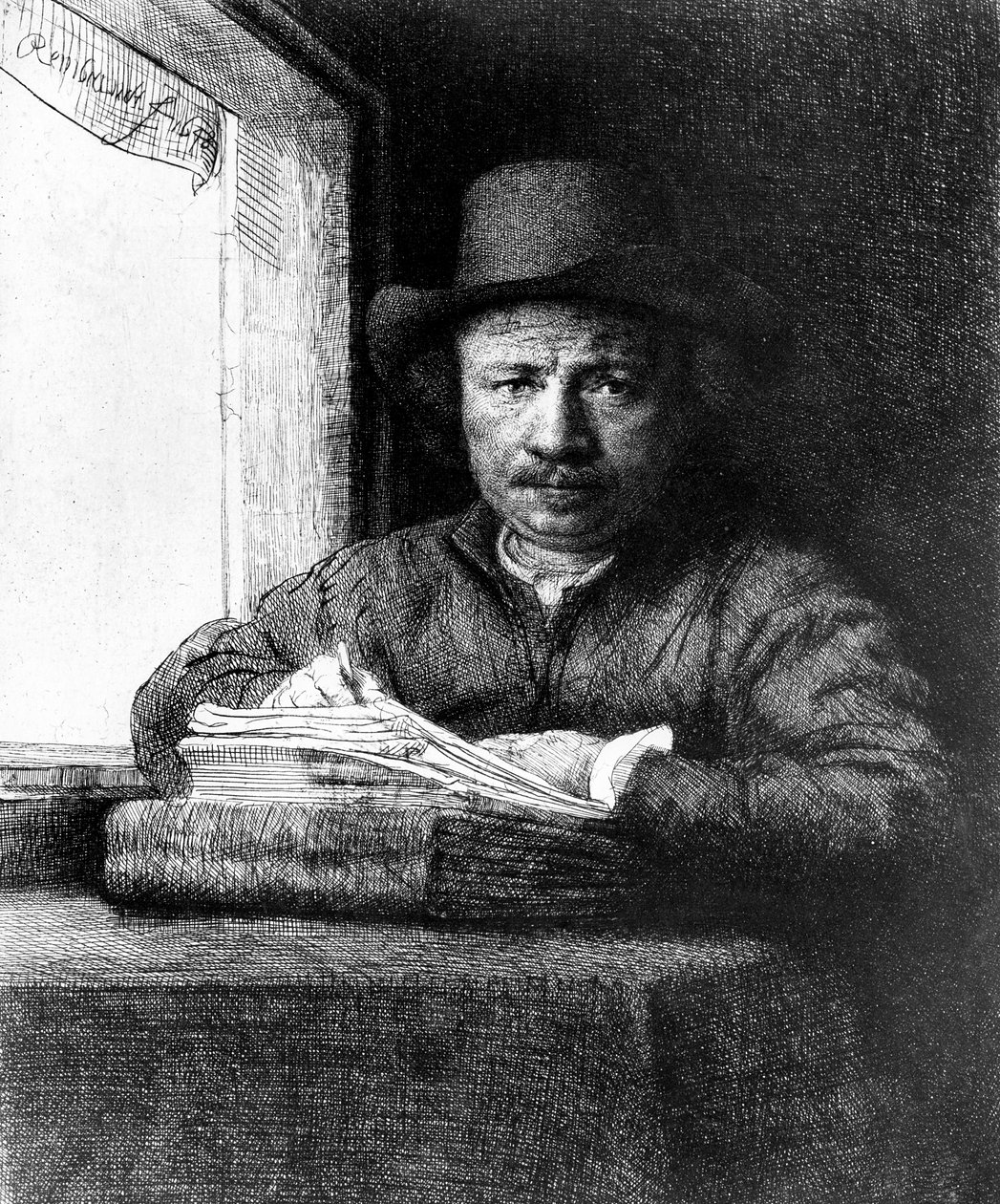 Selbstporträt beim Zeichnen von Rembrandt van Rijn