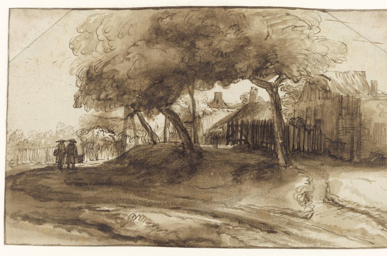 Häuser und Bäume auf einem Deich von Rembrandt van Rijn (school of)
