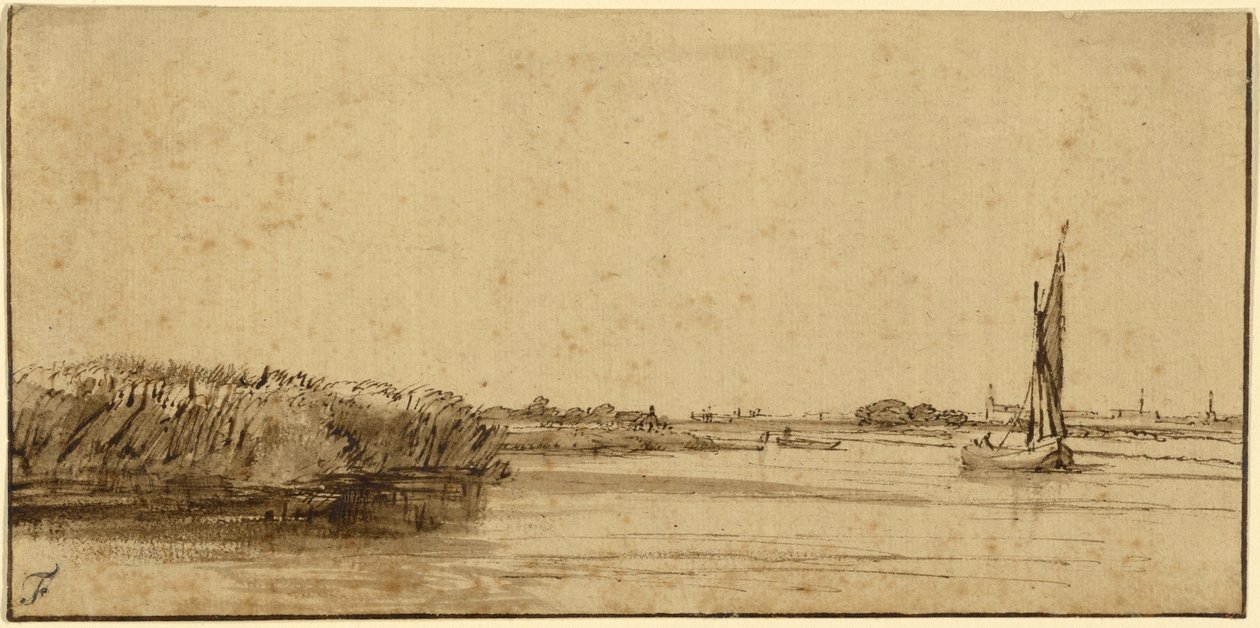 Ein Segelboot auf einer weiten Wasserfläche, c.1650 von Rembrandt van Rijn