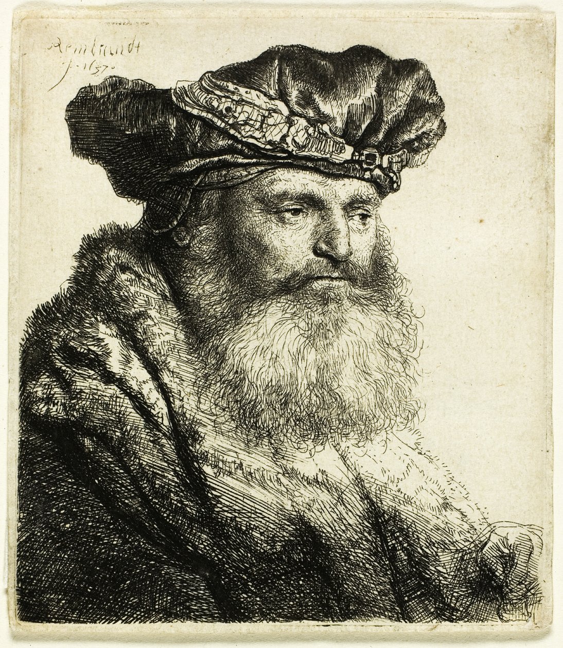 Bärtiger Mann mit Samtkappe und Juwelenverschluss von Rembrandt van Rijn