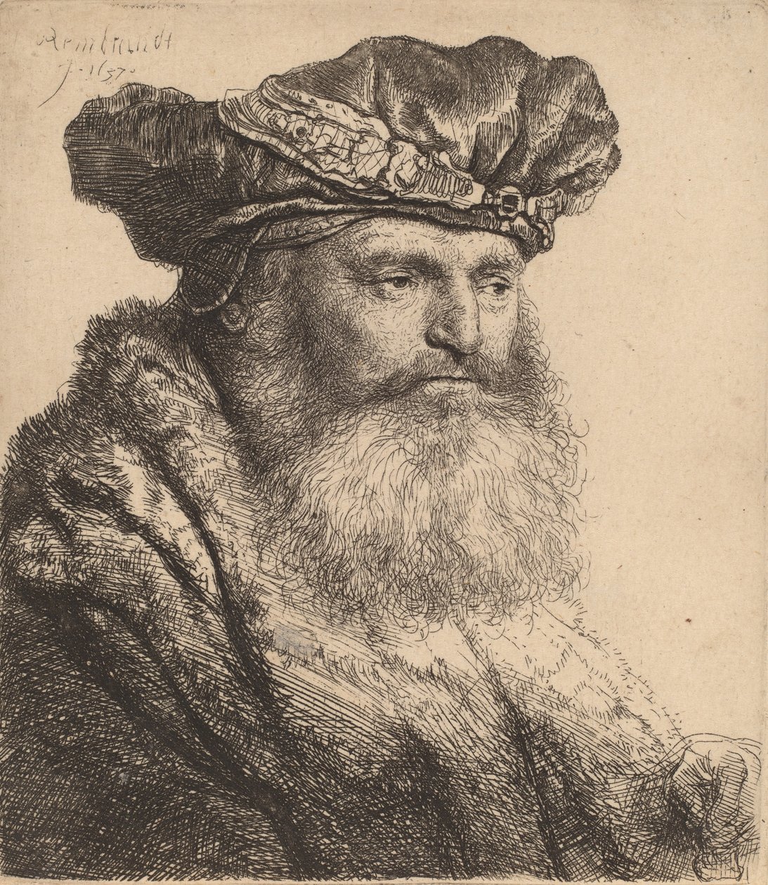 Bärtiger Mann in einer Samtkappe mit Juwelenverschluss, 1637 von Rembrandt van Rijn