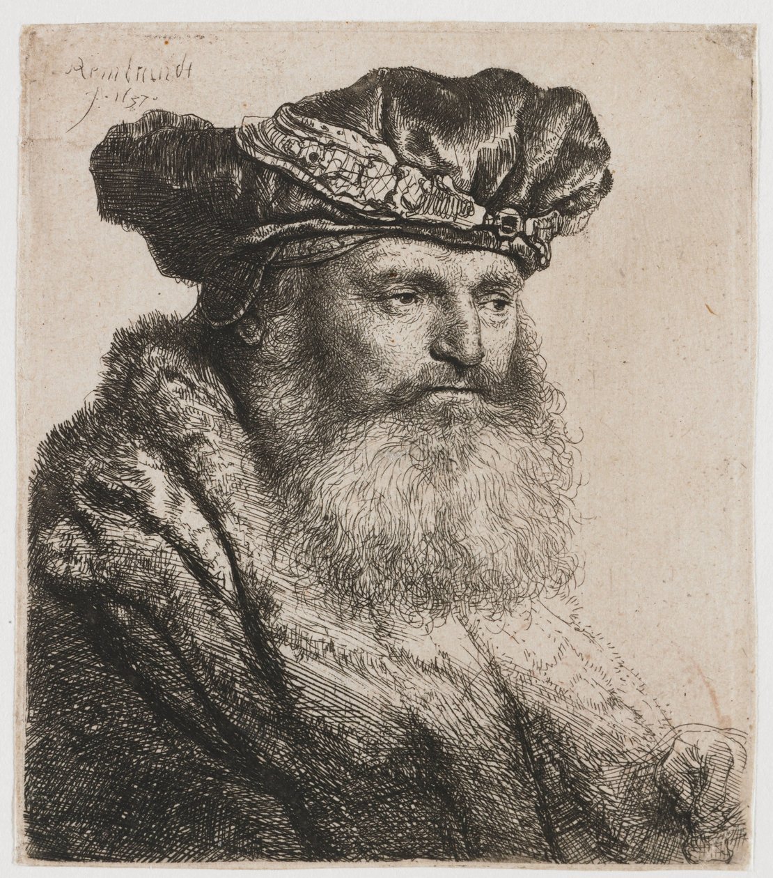 Bärtiger Mann mit Samtkappe und Juwelenverschluss von Rembrandt van Rijn