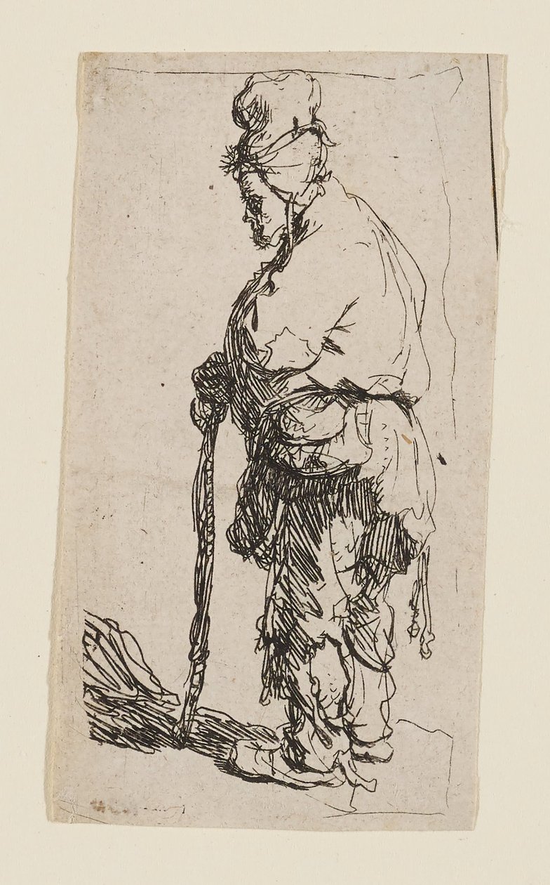 Bettler, der sich auf einen Stock stützt, nach links gewandt von Rembrandt van Rijn