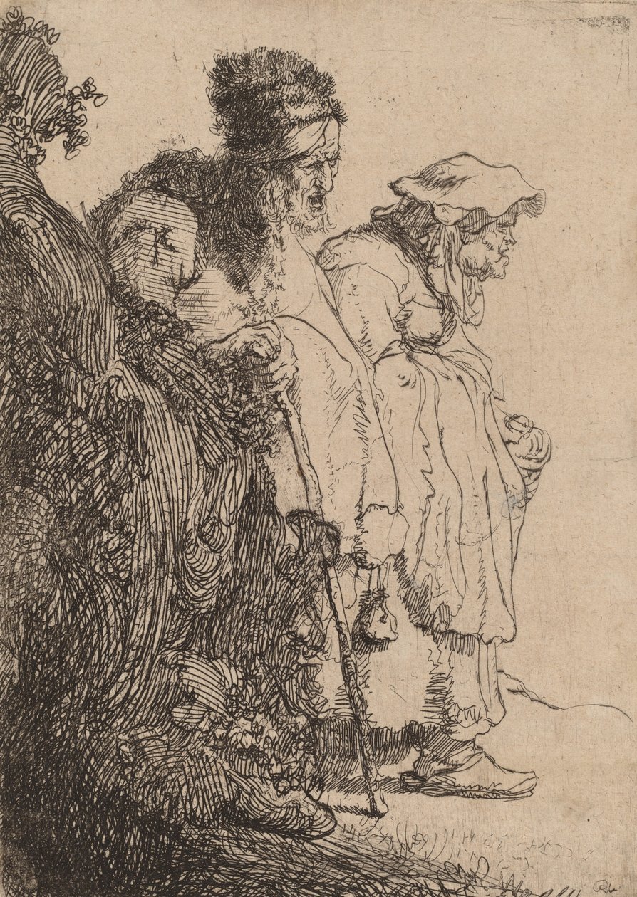Bettler Mann und Frau hinter einem Damm von Rembrandt van Rijn