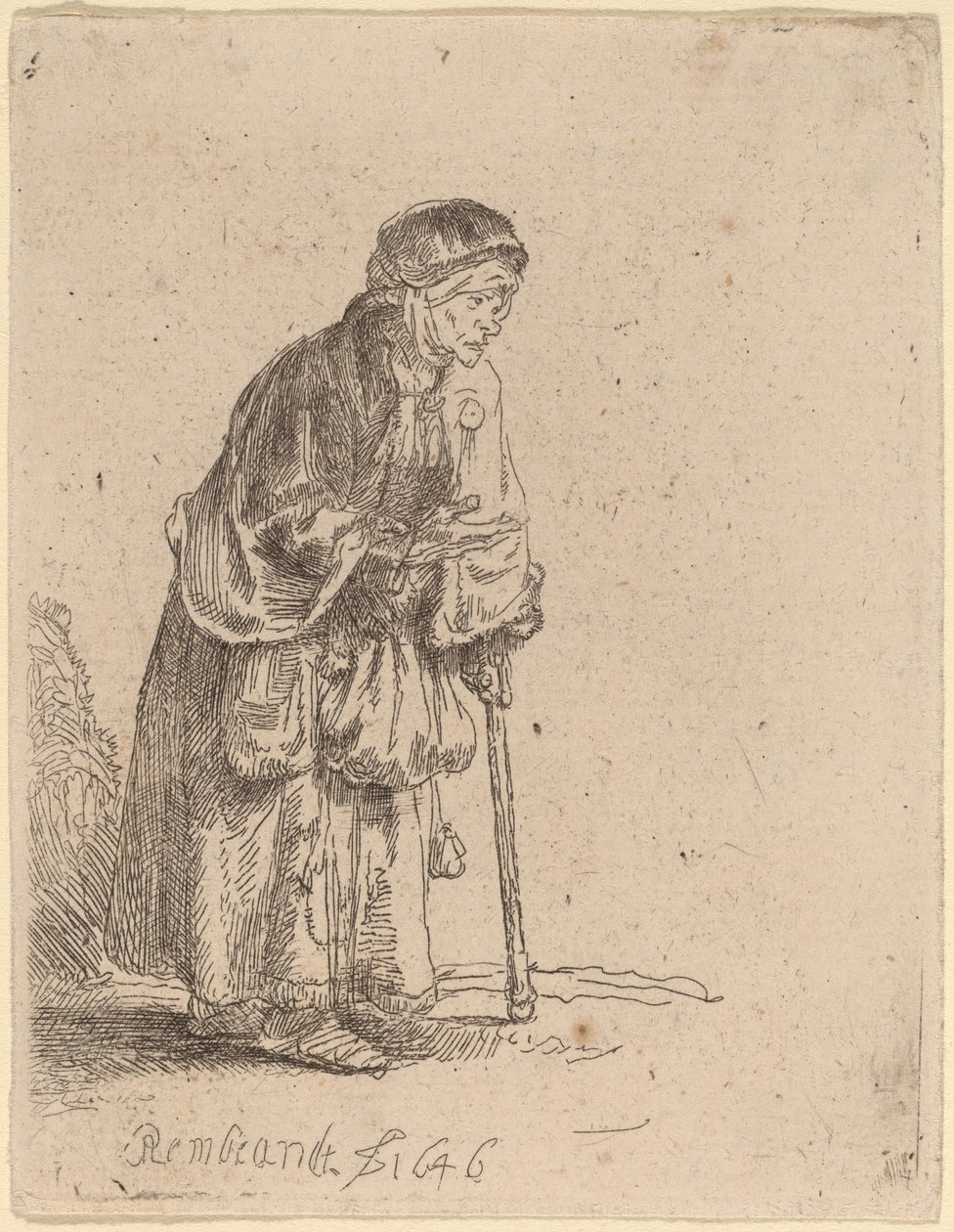 Bettlerin, die sich auf einen Stock stützt von Rembrandt van Rijn