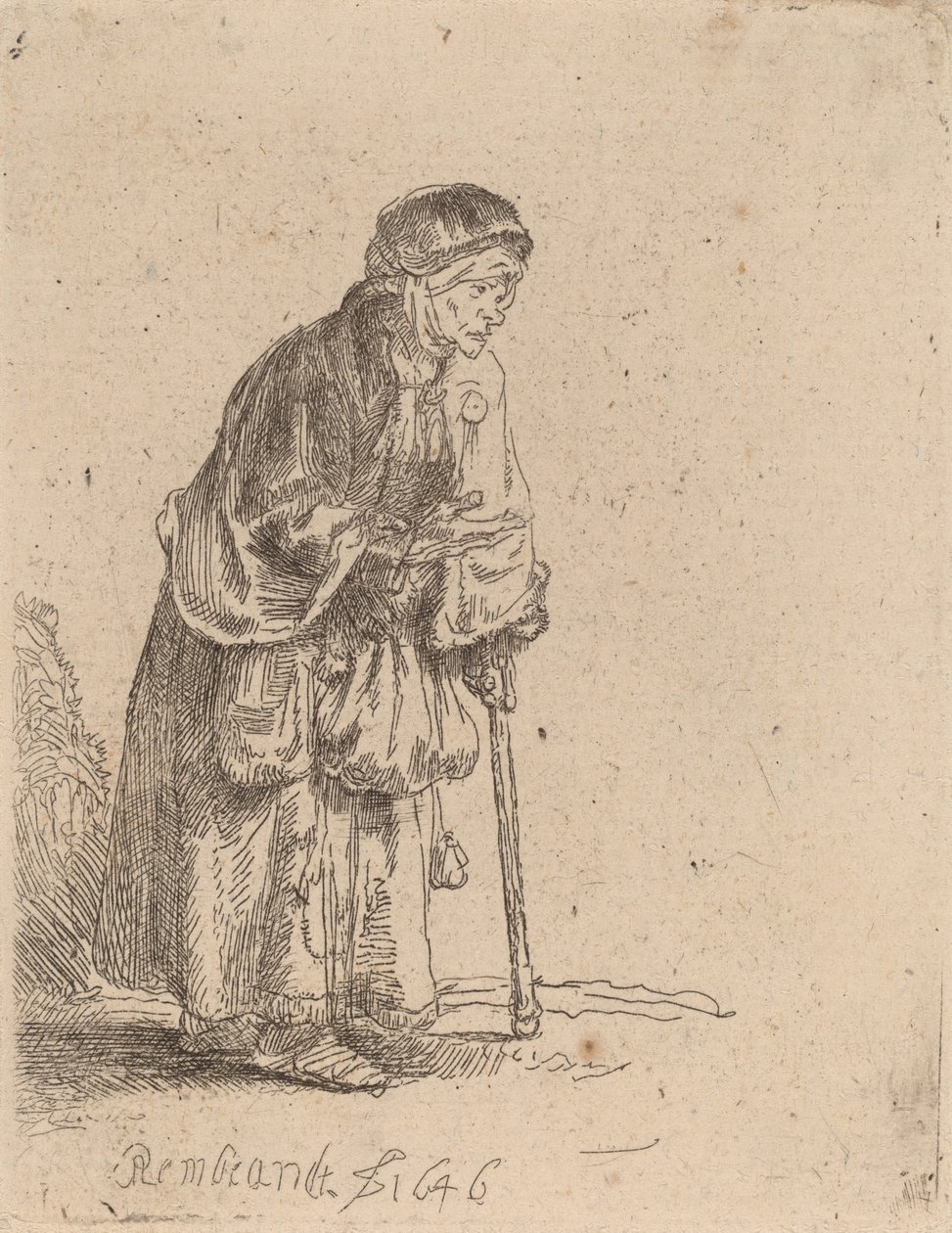 Bettlerin, die sich auf einen Stock stützt von Rembrandt van Rijn
