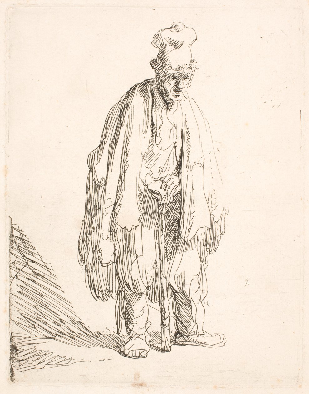 Bettler mit hoher Mütze, stehend und auf einen Stock gestützt von Rembrandt van Rijn