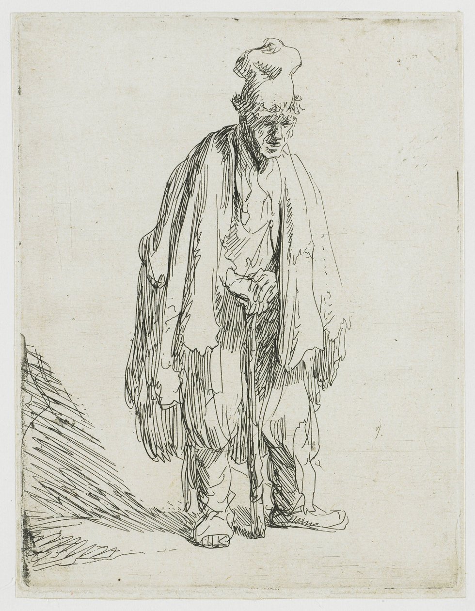 Bettler mit hoher Mütze, stehend und auf einen Stock gestützt von Rembrandt van Rijn