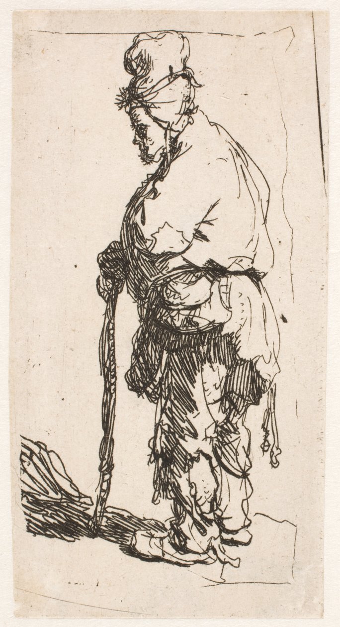 Bettler, der sich auf einen Stock stützt, nach links blickend von Rembrandt van Rijn