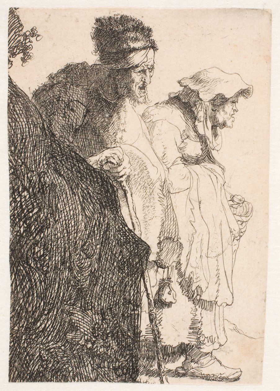 Bettler und Bettlerin hinter einem Damm von Rembrandt van Rijn