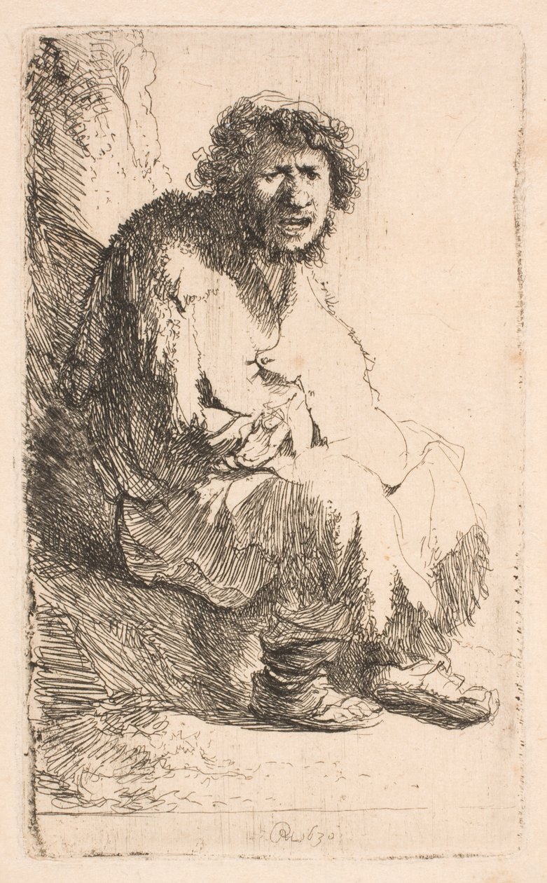 Bettler auf einer Bank sitzend von Rembrandt van Rijn