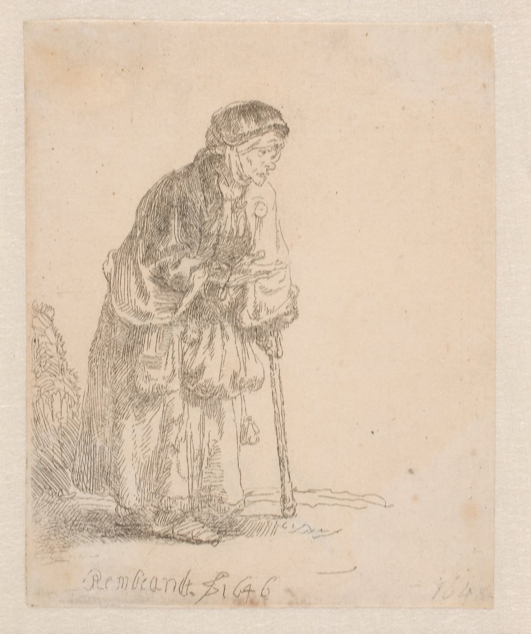 Bettlerin, die sich auf einen Stock stützt von Rembrandt van Rijn