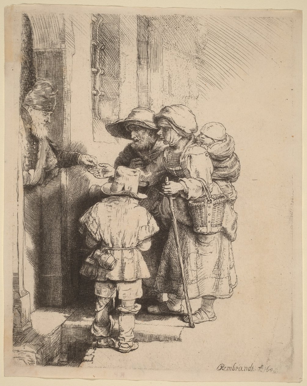 Bettler erhalten Almosen an der Tür eines Hauses von Rembrandt van Rijn