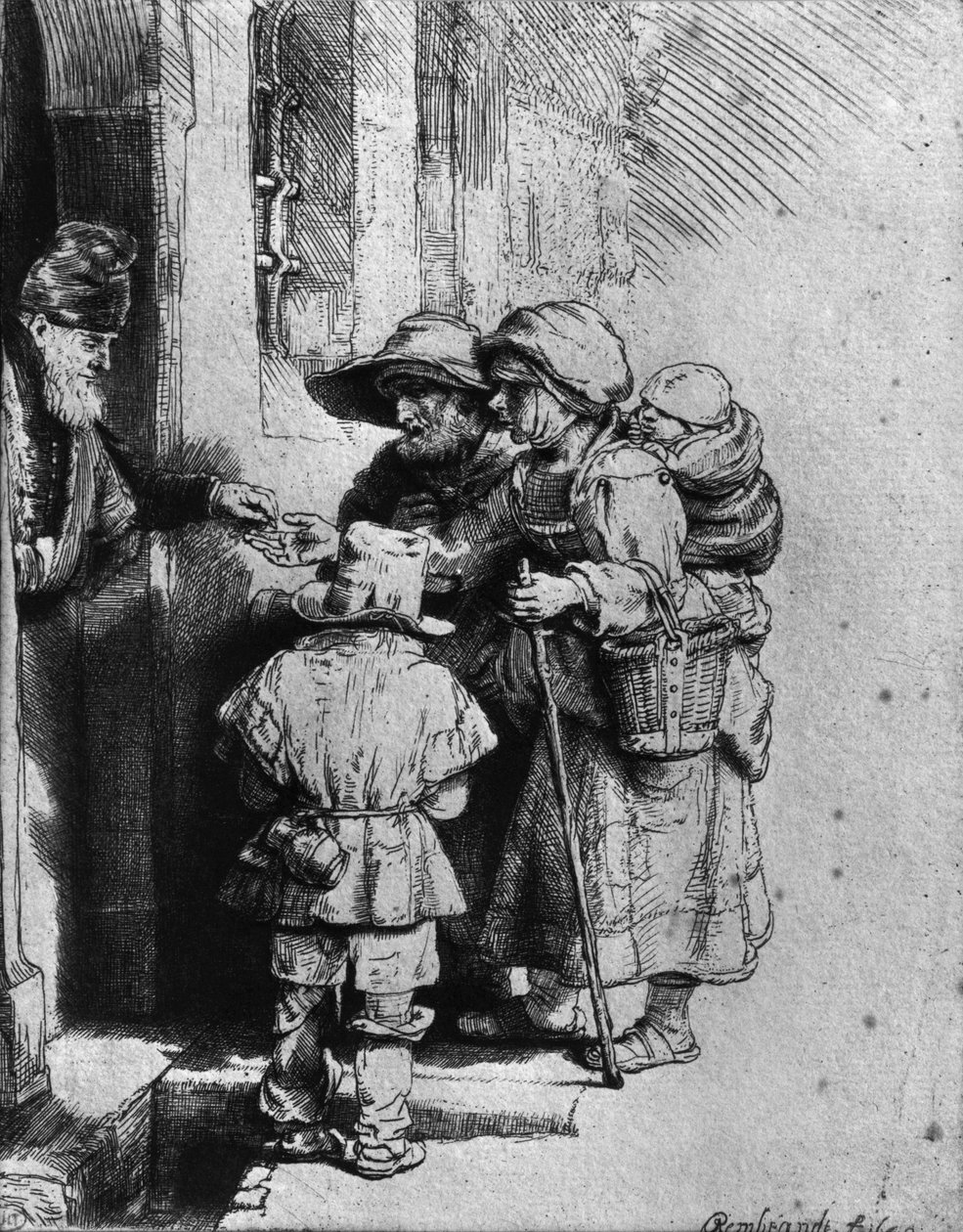 Bettler an der Türschwelle eines Hauses von Rembrandt van Rijn