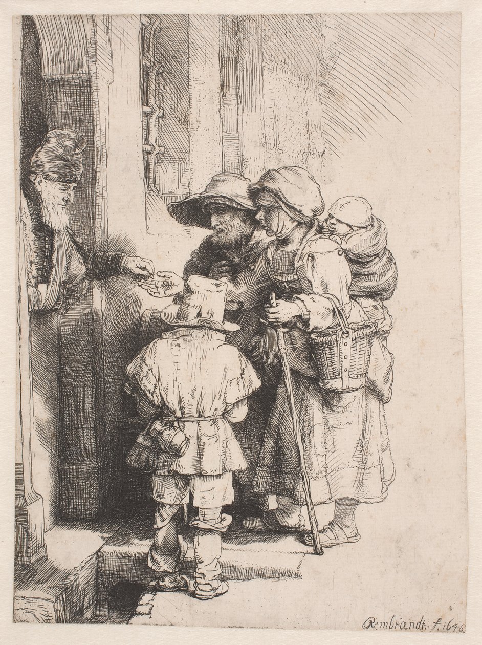 Bettler erhalten Almosen an der Tür eines Hauses von Rembrandt van Rijn