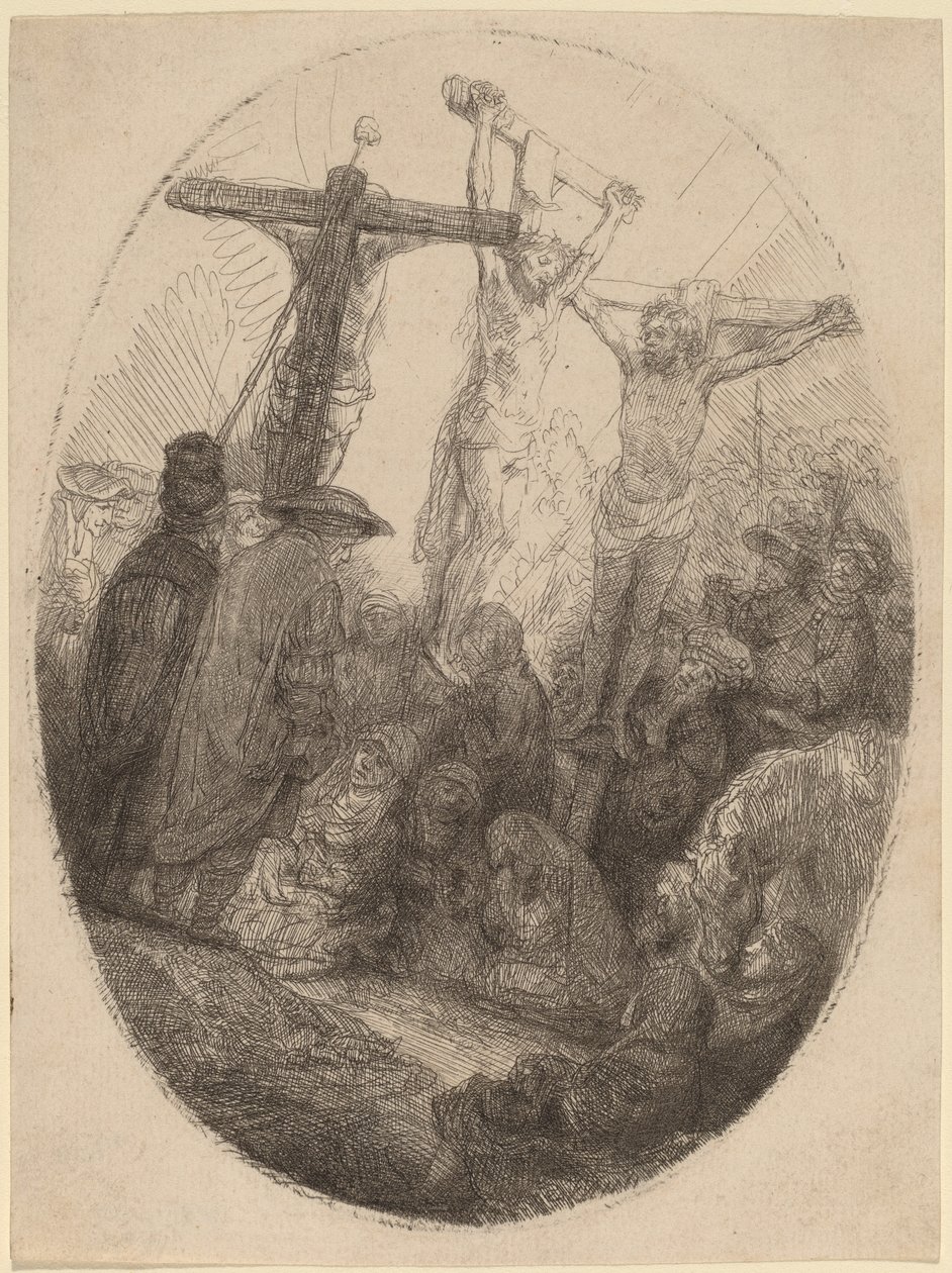 Christus zwischen den beiden Dieben gekreuzigt: eine ovale Platte von Rembrandt van Rijn