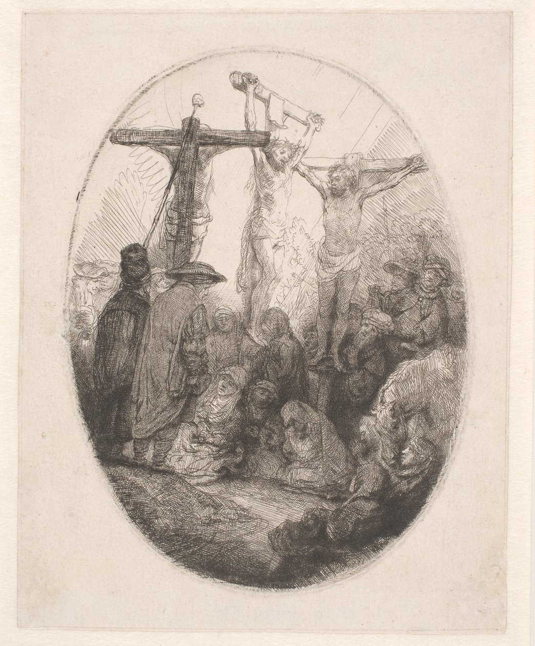 Christus gekreuzigt zwischen den beiden Dieben: eine ovale Platte von Rembrandt van Rijn