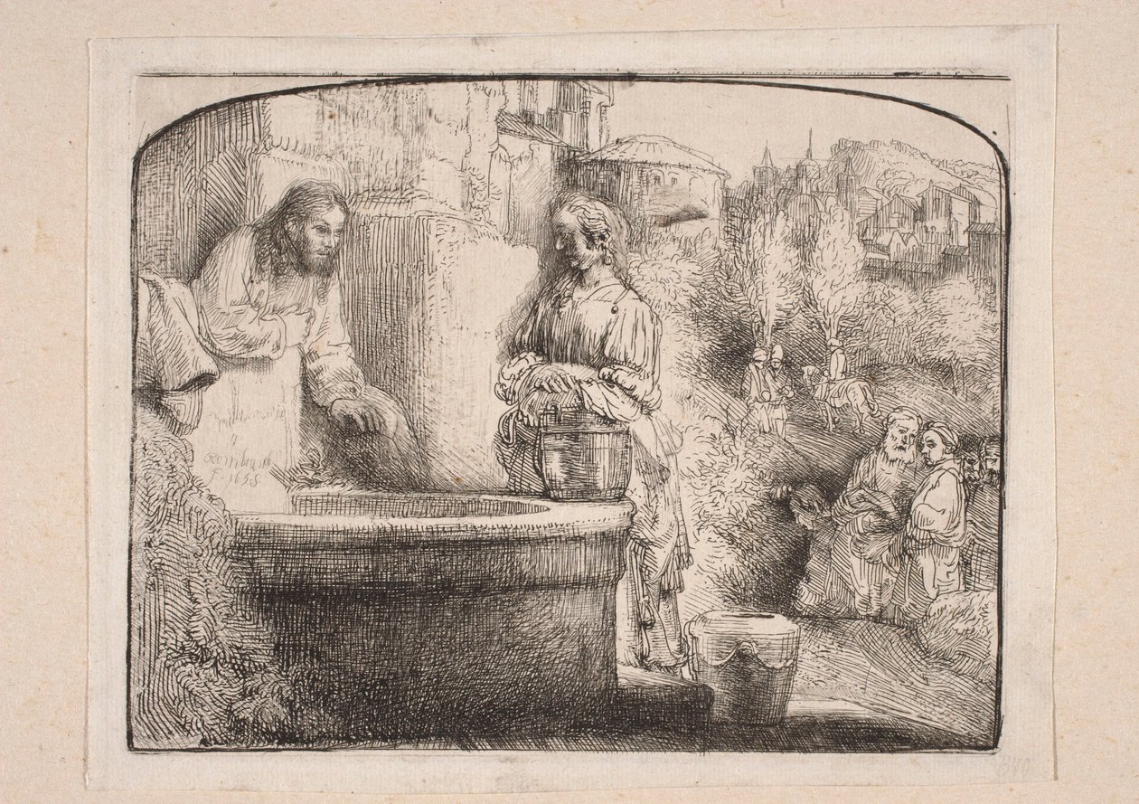 Christus und die Samariterin (Komposition oben mit Bogen abgeschlossen) von Rembrandt van Rijn