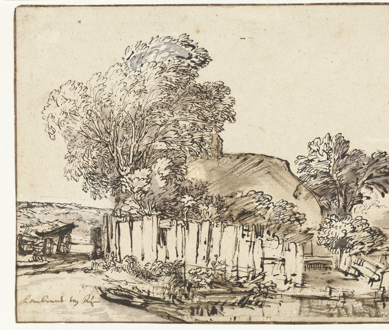 Hütte mit weißem Zaun zwischen Bäumen von Rembrandt van Rijn
