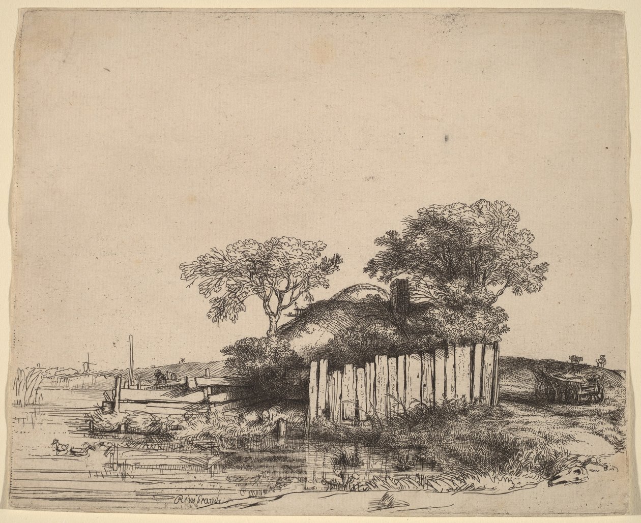 Hütte mit weißem Zaun von Rembrandt van Rijn