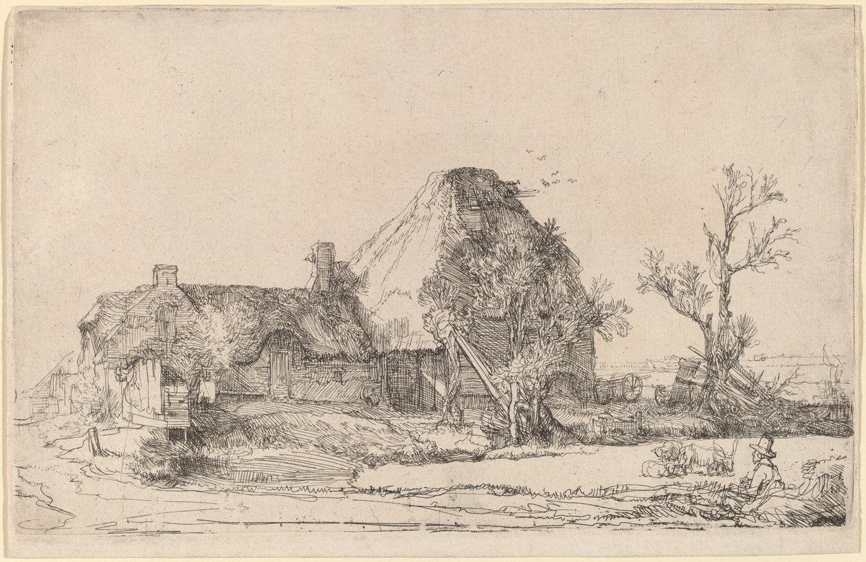Häuser und Bauerngebäude mit einem zeichnenden Mann von Rembrandt van Rijn