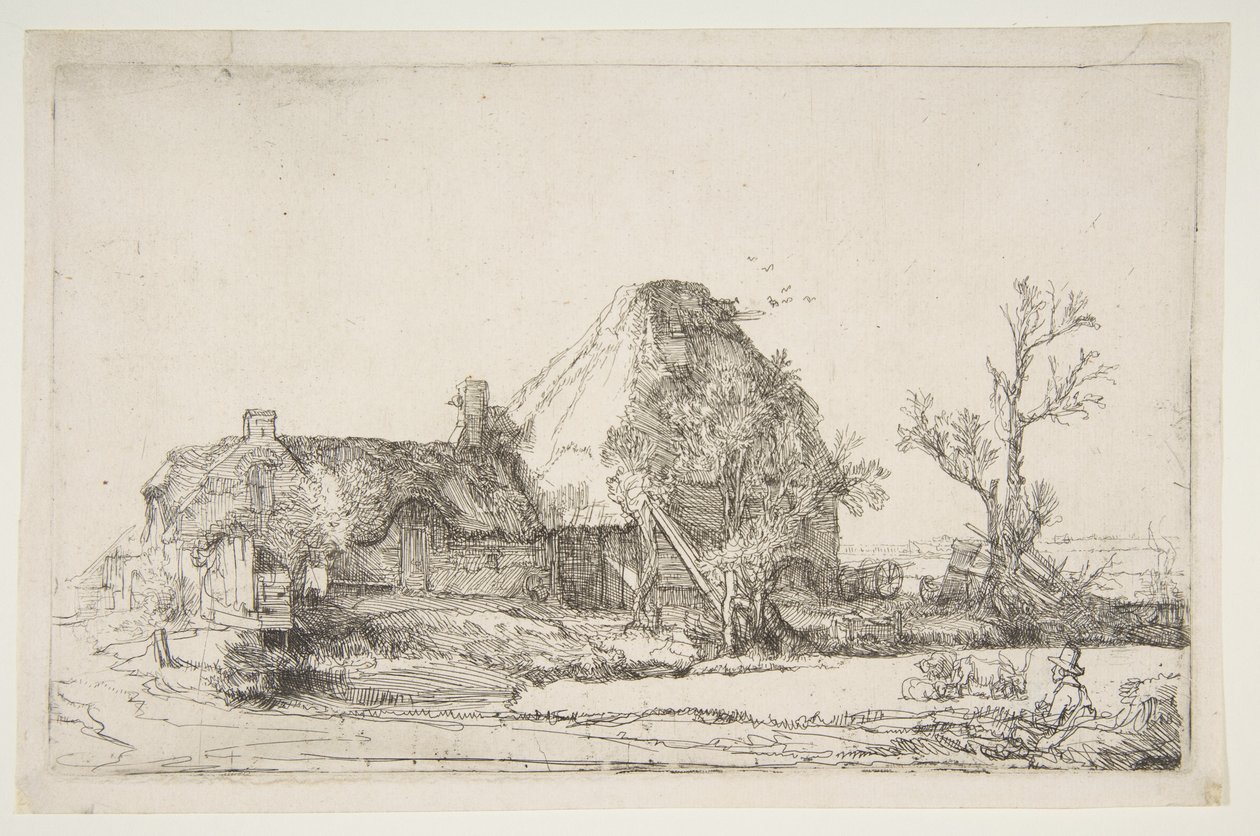 Hütten und Bauernhäuser mit einem Mann beim Skizzieren, ca. 1645 von Rembrandt van Rijn