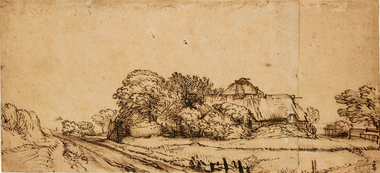 Bauerngebäude neben einer Straße von Rembrandt van Rijn