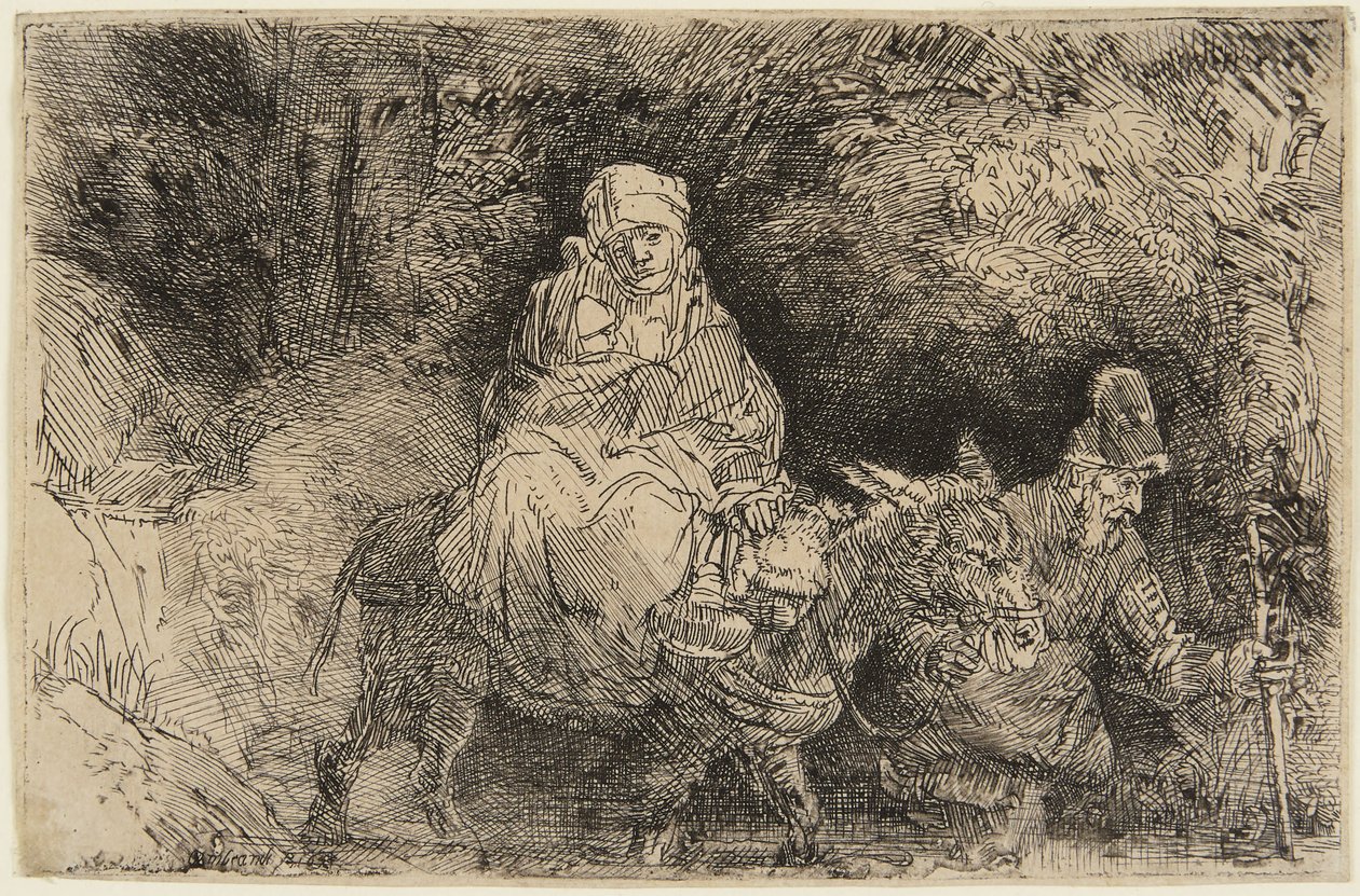 Flucht nach Ägypten: die Heilige Familie überquert einen Bach von Rembrandt van Rijn