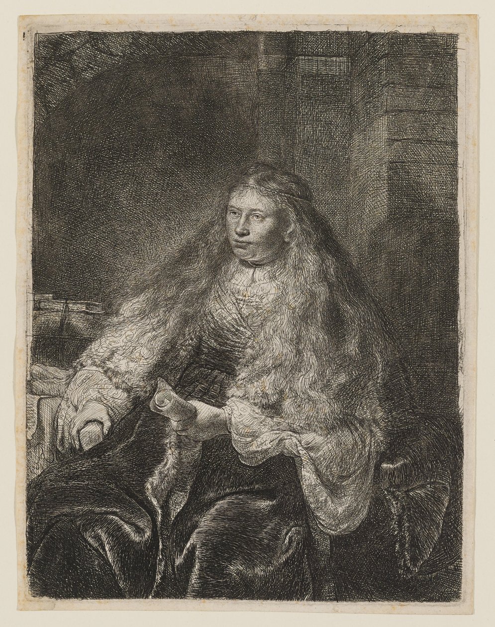 Mädchen mit Haaren, die auf ihre Schultern fallen von Rembrandt van Rijn
