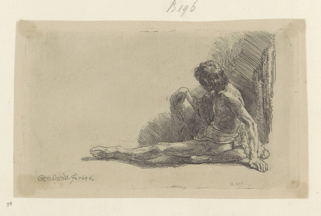 Junger Mann, auf dem Boden sitzend mit einem Bein ausgestreckt von Rembrandt van Rijn