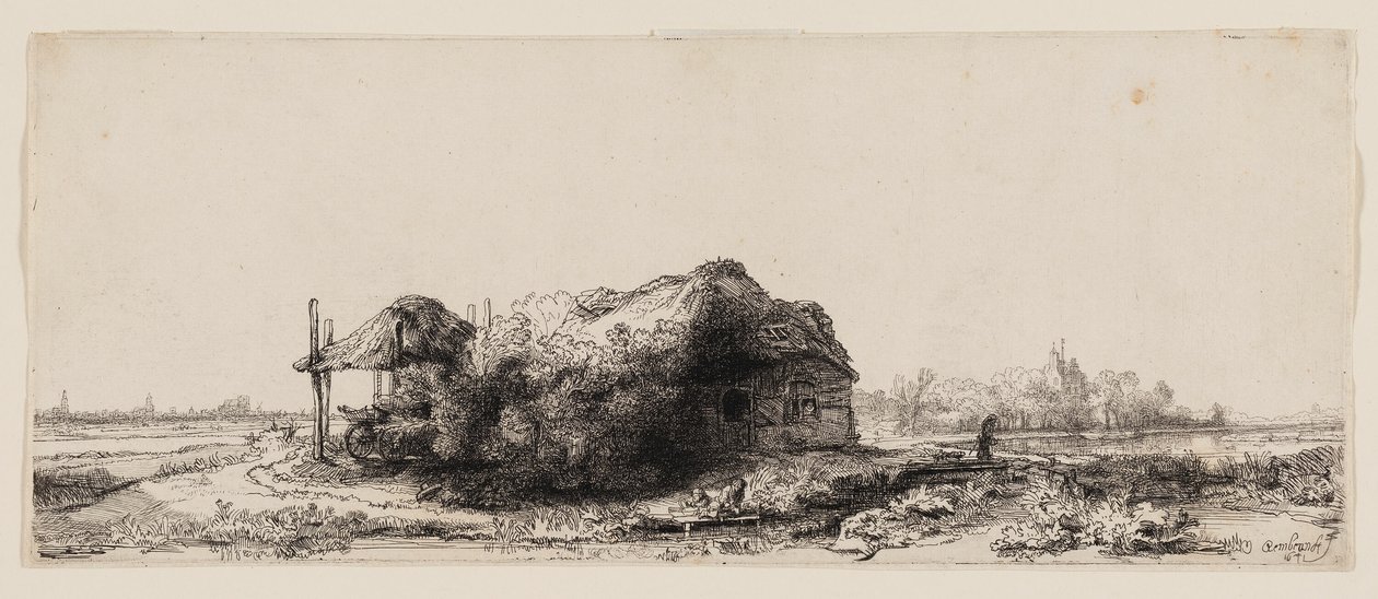 Landschaft mit Hütten und einer Heuscheune: Querformat von Rembrandt van Rijn