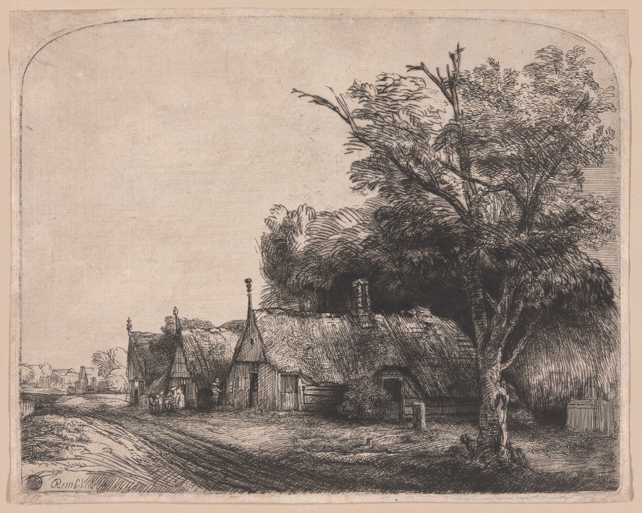 Landschaft mit drei Giebelhäusern an einer Straße von Rembrandt van Rijn